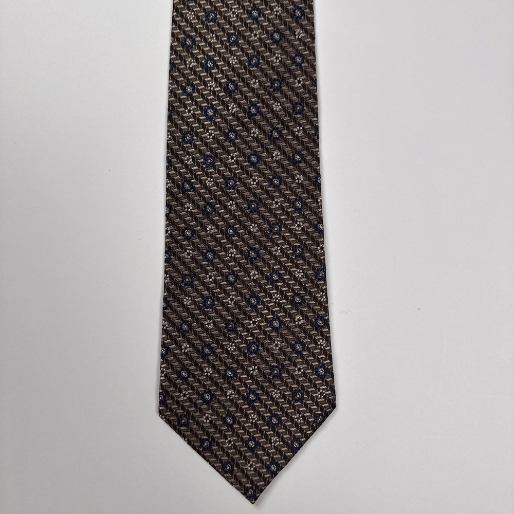 Van Heusen Tie Mens Brown Blue Silk Geometric Floral Pattern Made USA (57"x4")